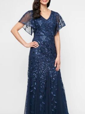 Navy Embroidered V-Neck Evening Dress
